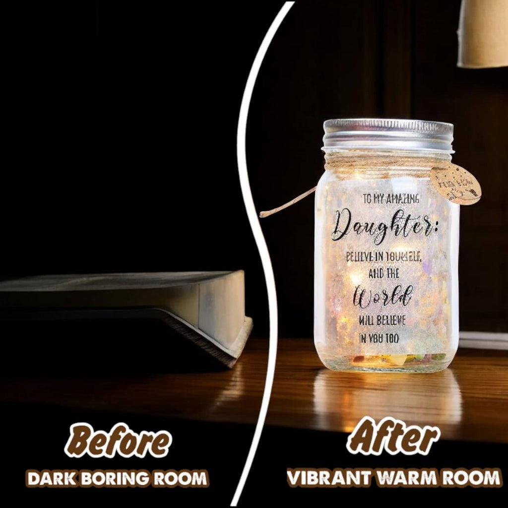 Clear glass LED mason jar with warm light and “Daughter” Bible verse message inside