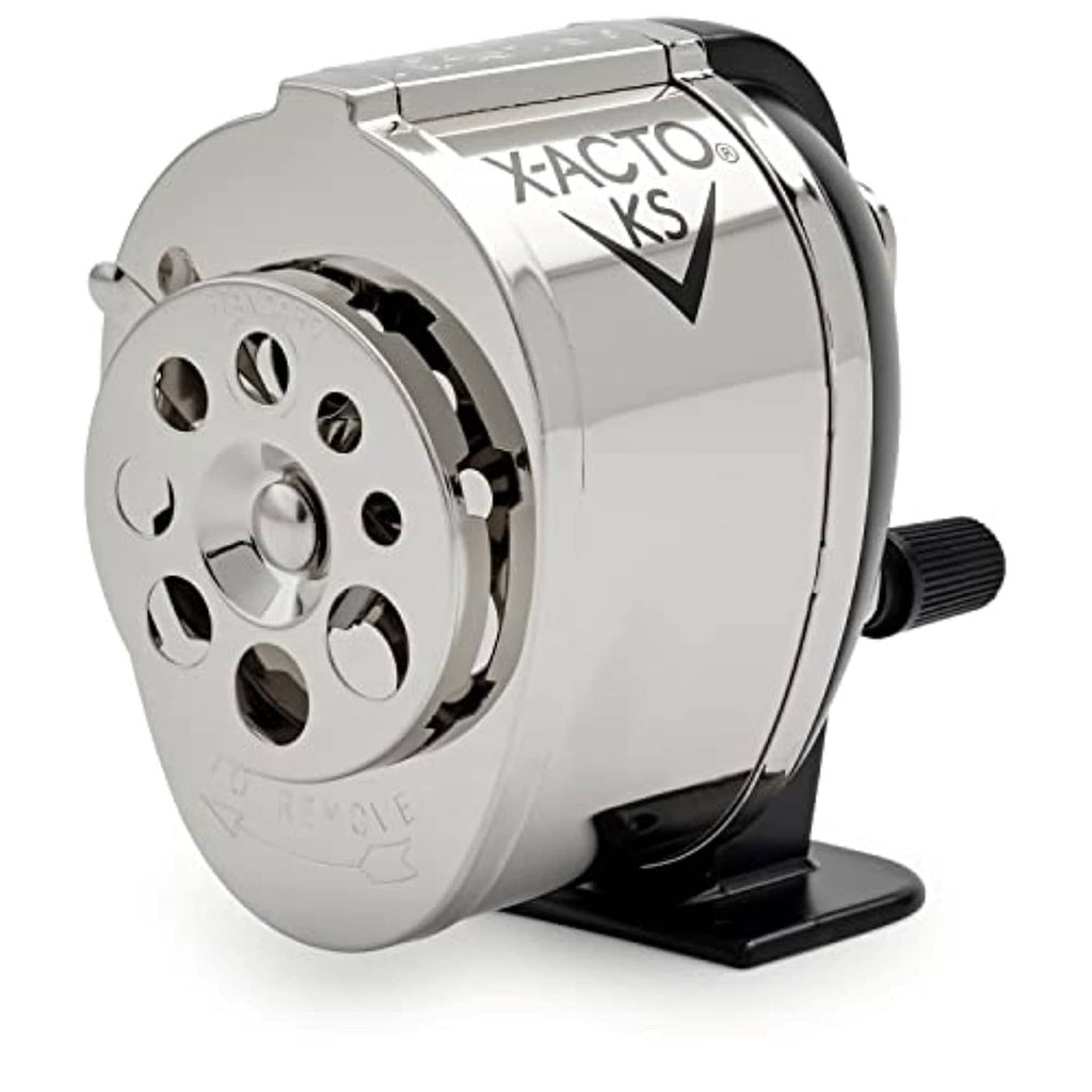 Manual pencil sharpener with chrome metal housing and black base, X-ACTO KS