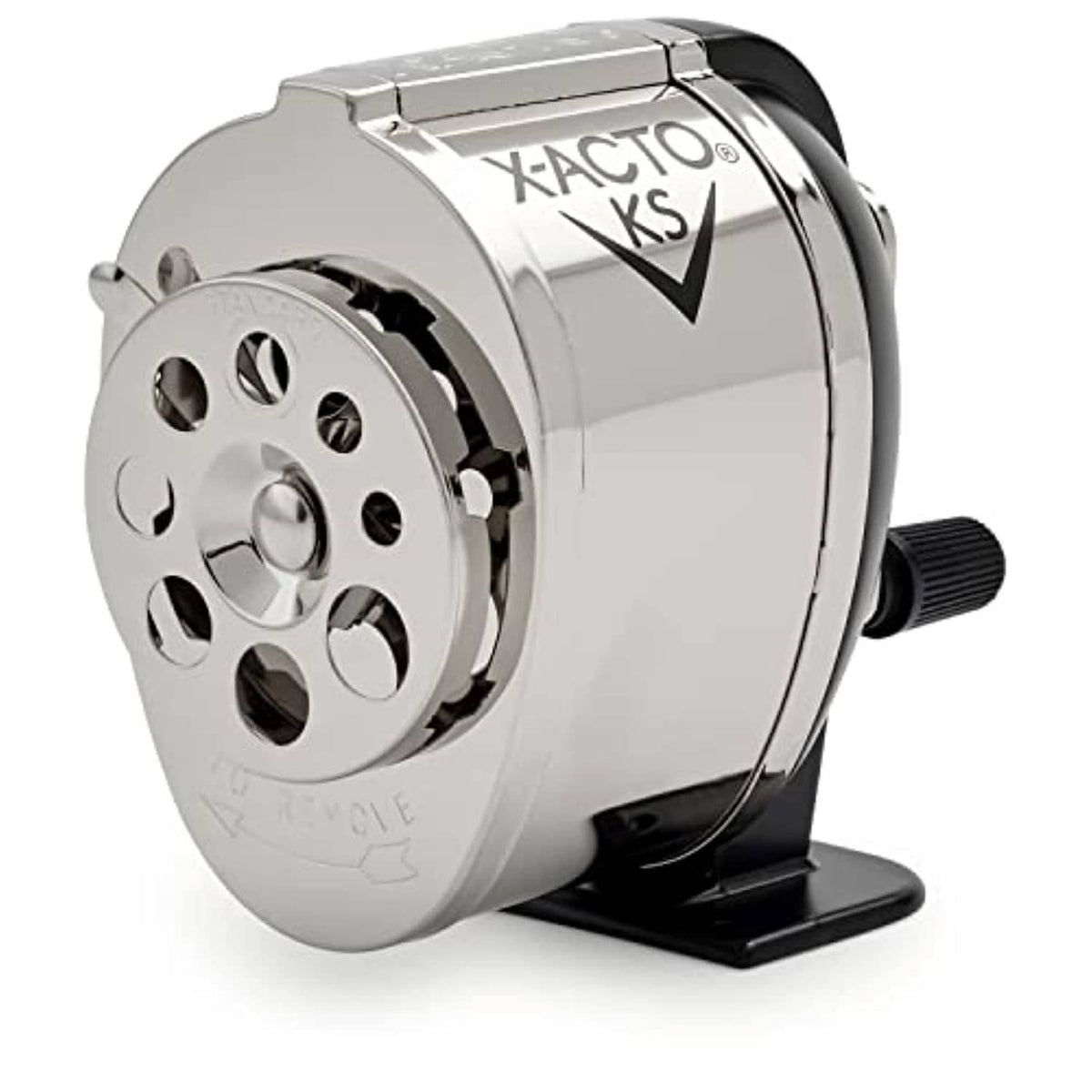 Manual pencil sharpener with chrome metal housing and black base, X-ACTO KS