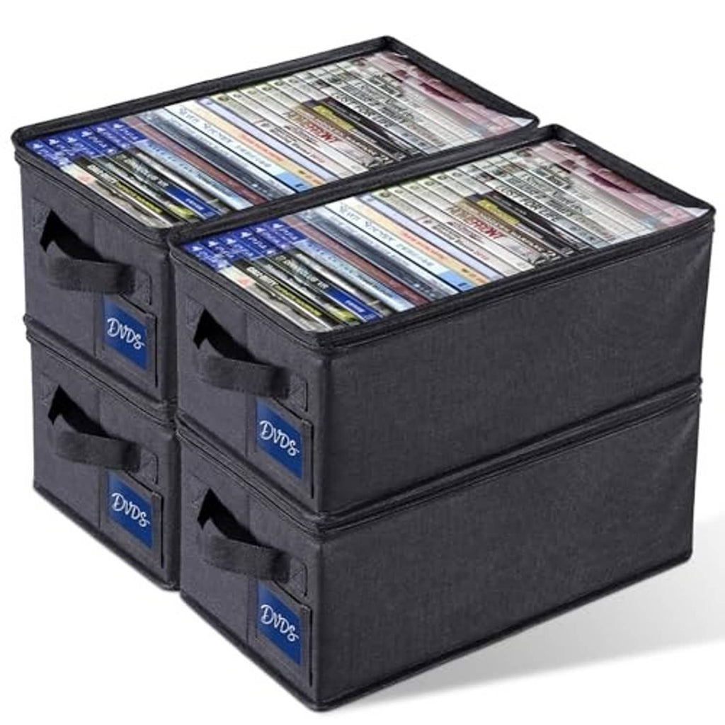 Set of four black fabric DVD storage boxes with clear top windows and front label pockets