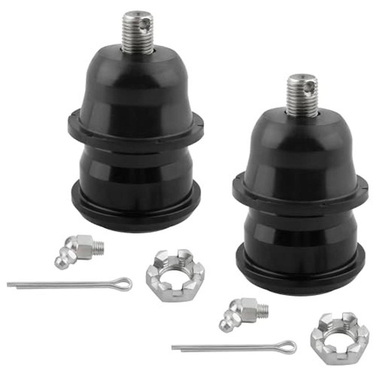 Pair of front ball joints with black boots, steel studs, nuts, and installation clips