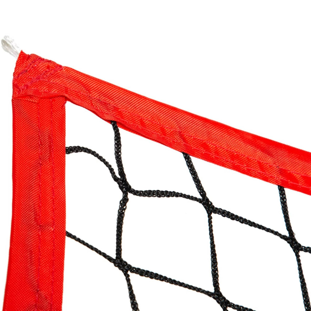 Red border football replacement net with black knotless netting close-up