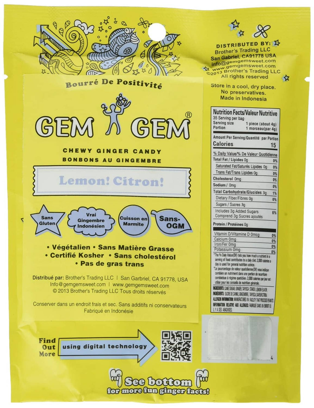 Chewy ginger candy pouch back, yellow package with ingredients and nutrition panel