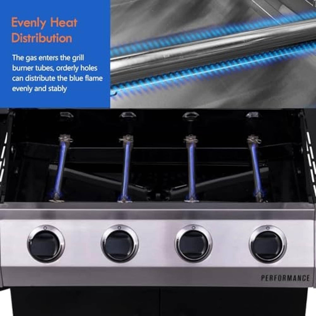 Gas grill burner tubes with stainless heat plate shields under the cooktop