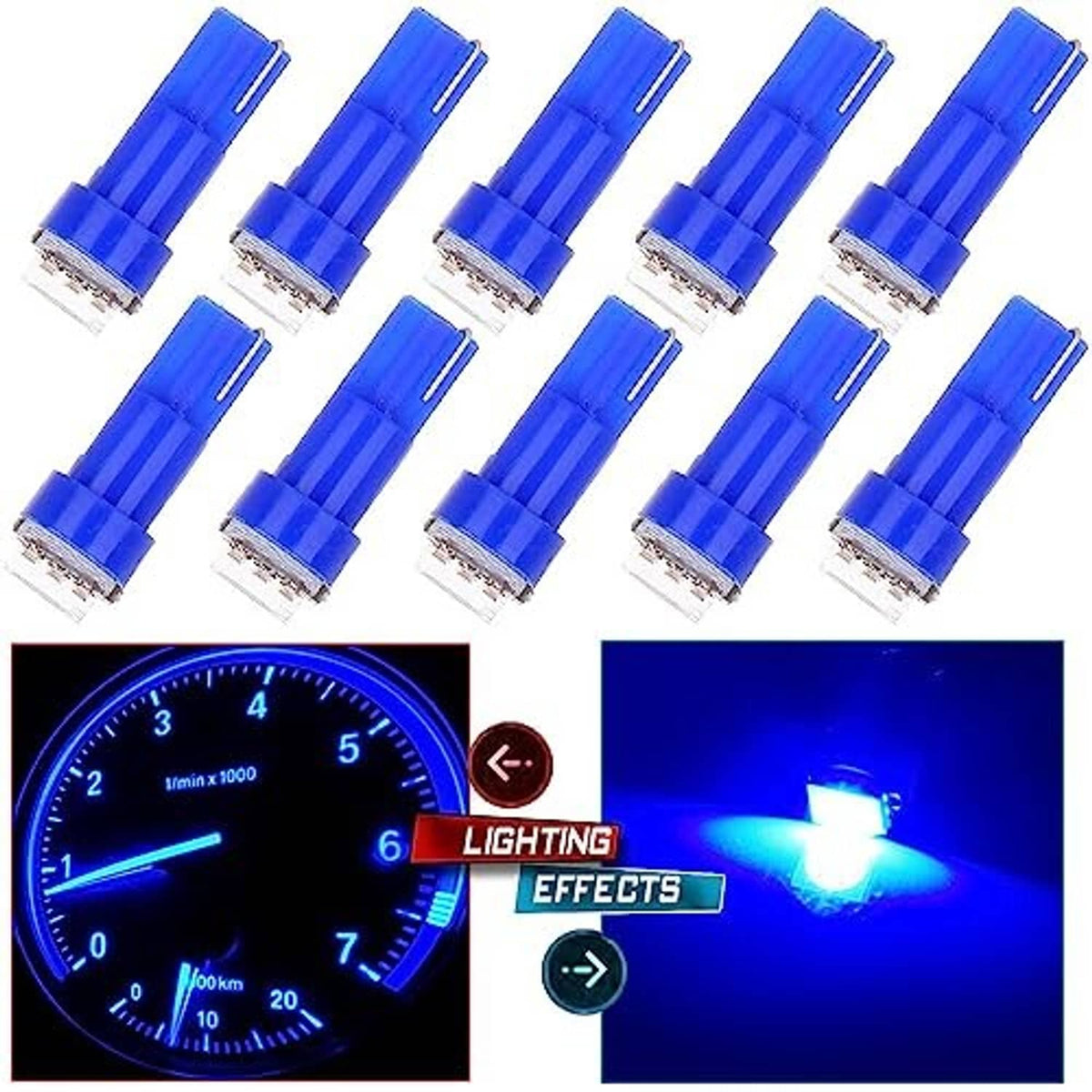Blue T5 wedge LED bulbs set of 10 with clear white lens and exposed metal contacts