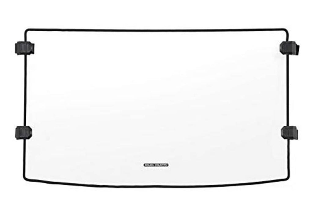 Full clear windshield panel with black frame and corner mounting hardware