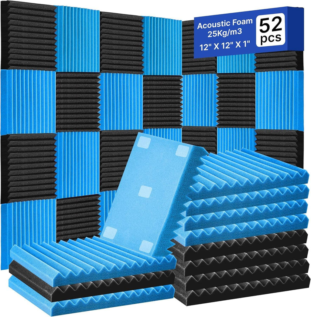 Set of 52 acoustic foam wedge panels, black and blue, 1 in thick