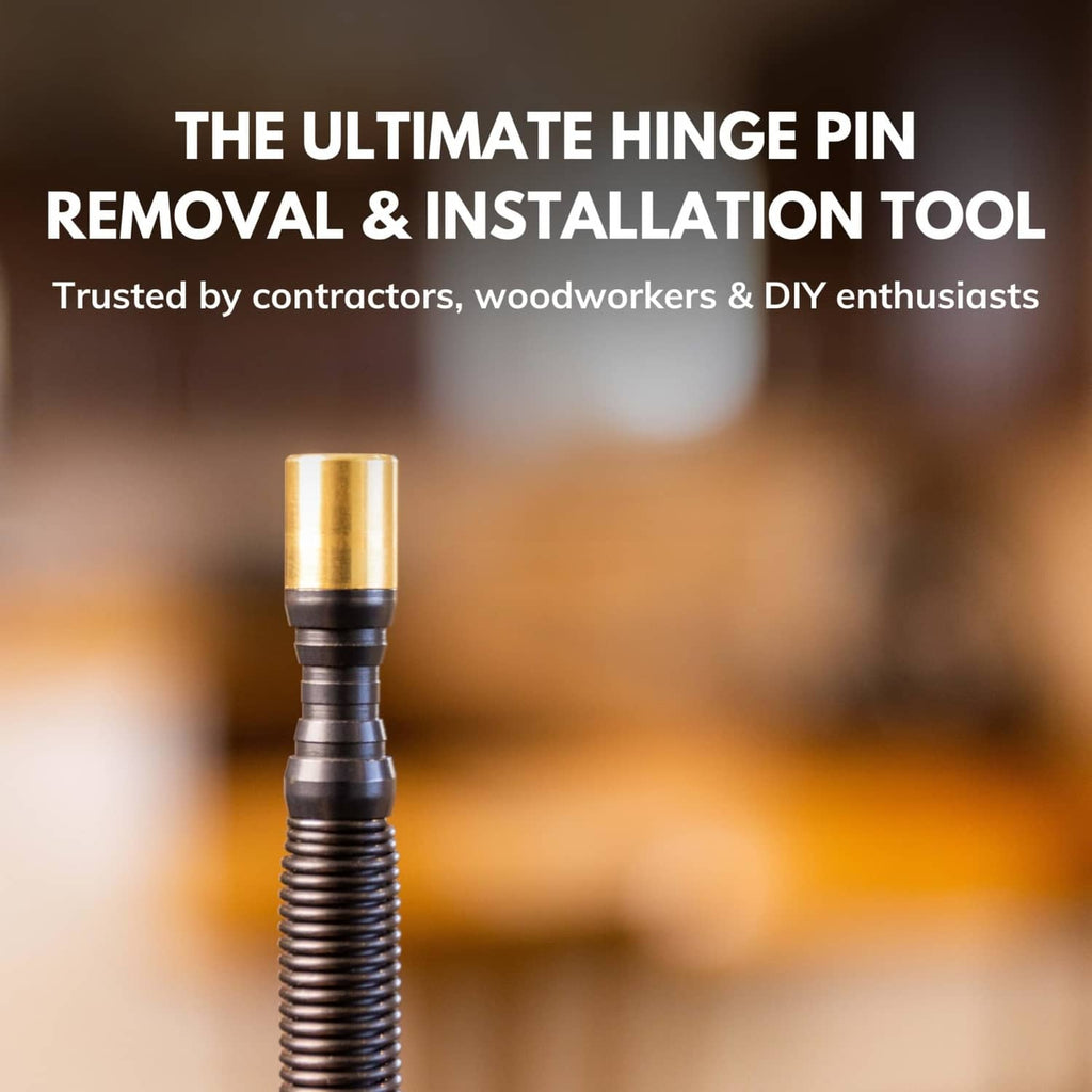 Spring-driven hinge pin removal tool with brass-colored striker head and black spring shaft
