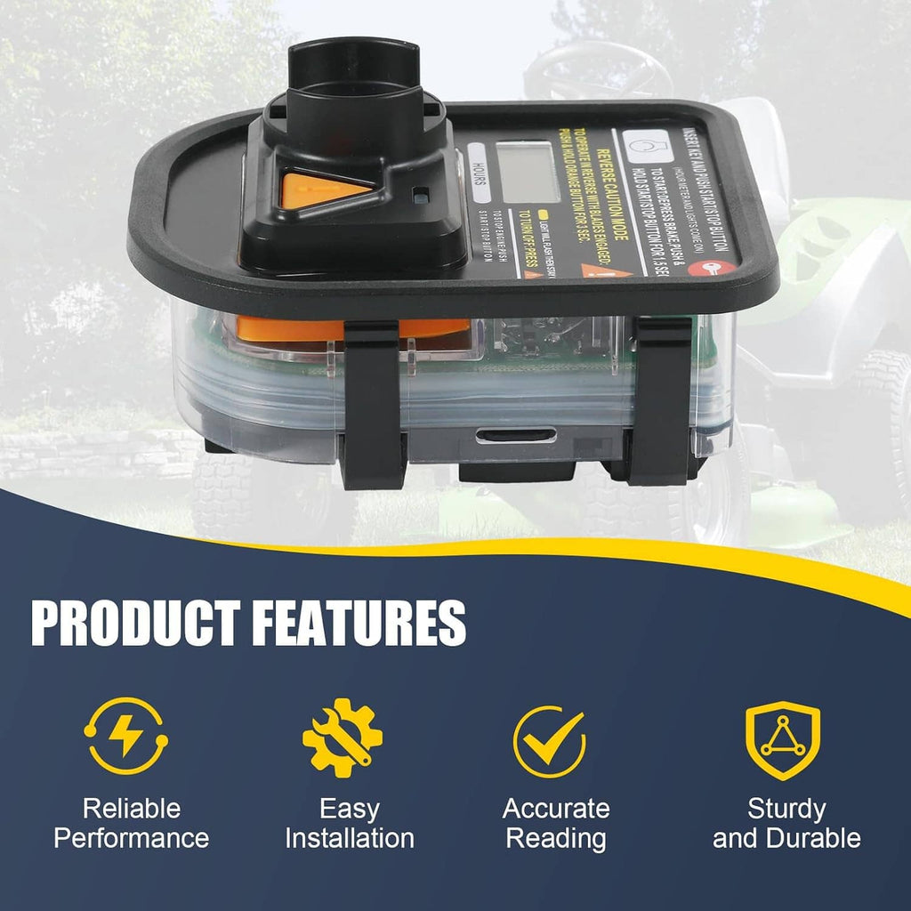 Hour service meter module top view with key-start area and label on black housing