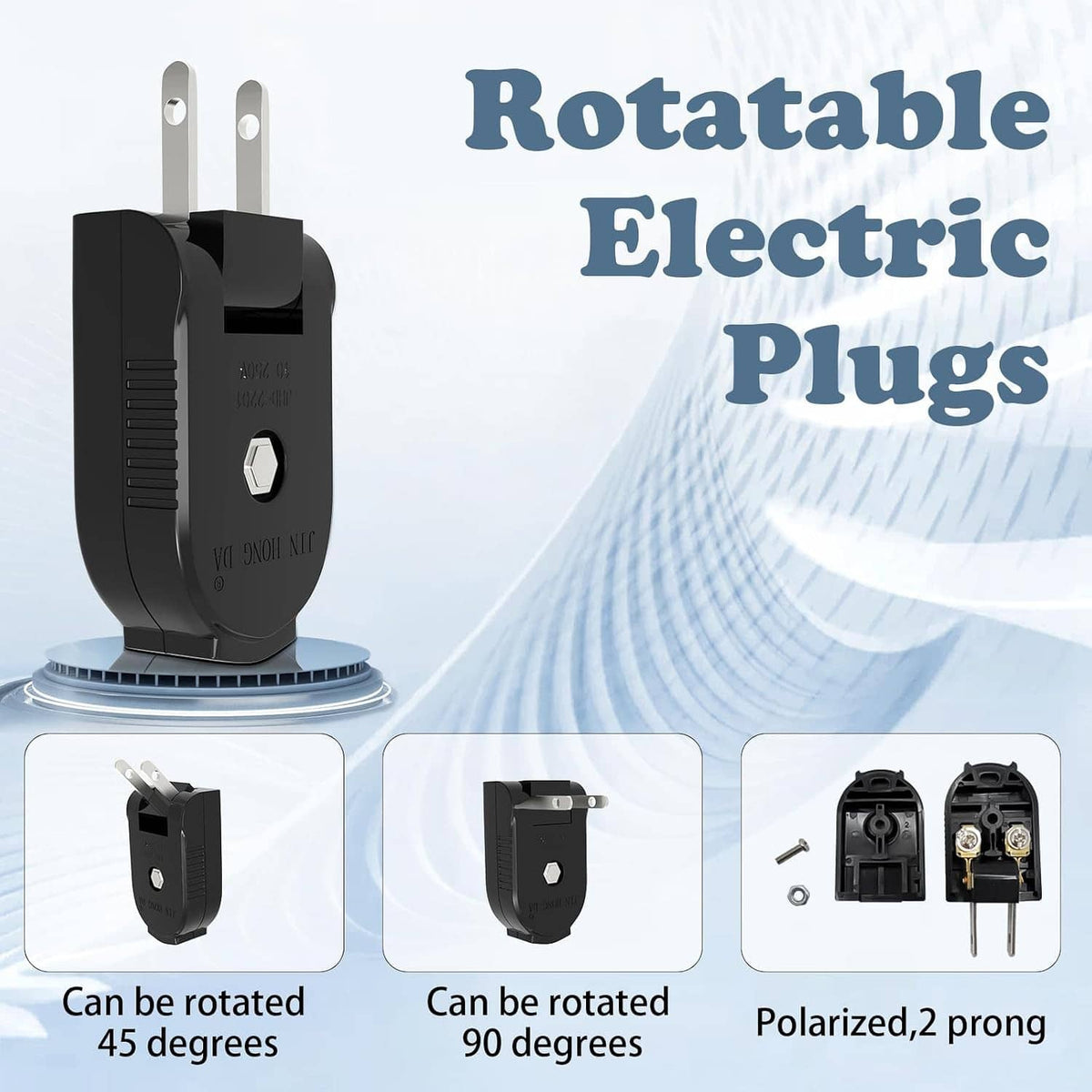 4-pack black 2-prong replacement power plugs with silver prongs, rotatable design