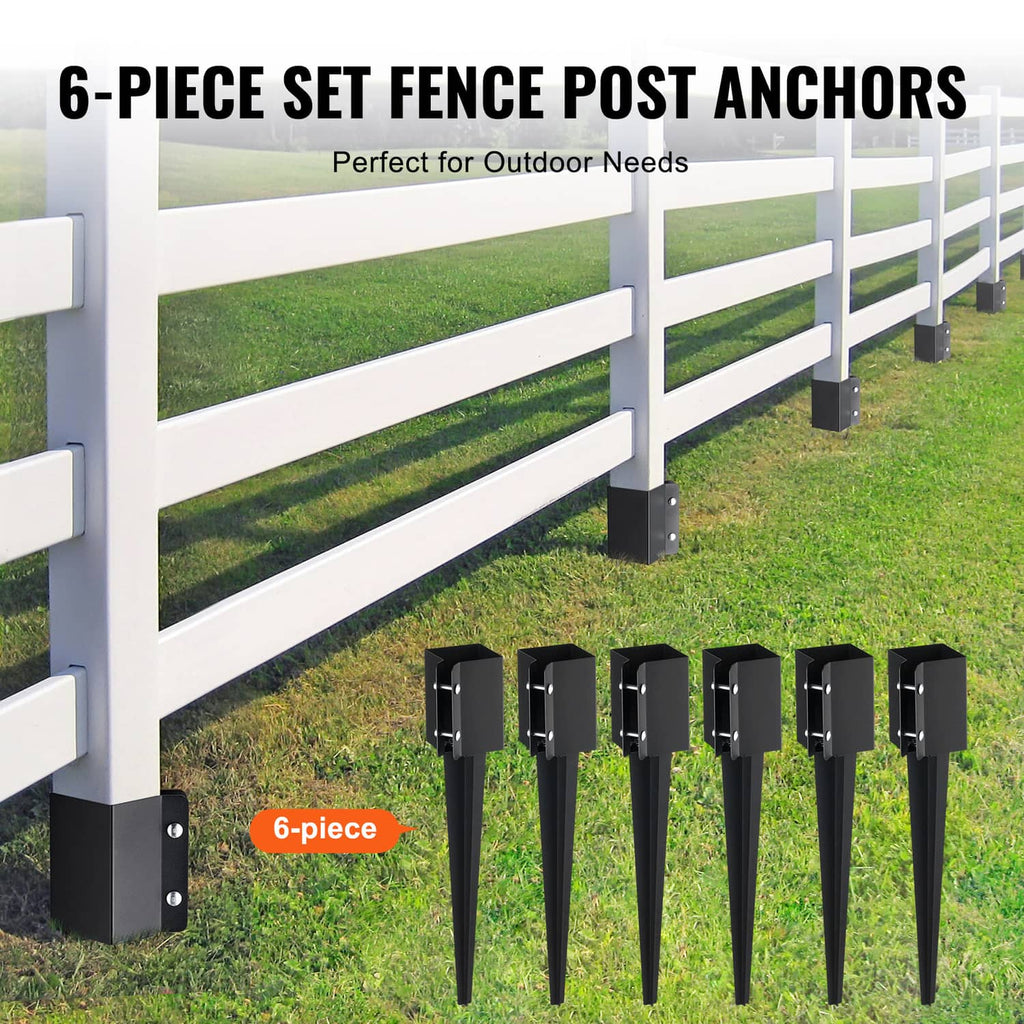 6-piece set of black metal fence post anchors with ground spikes and square bases