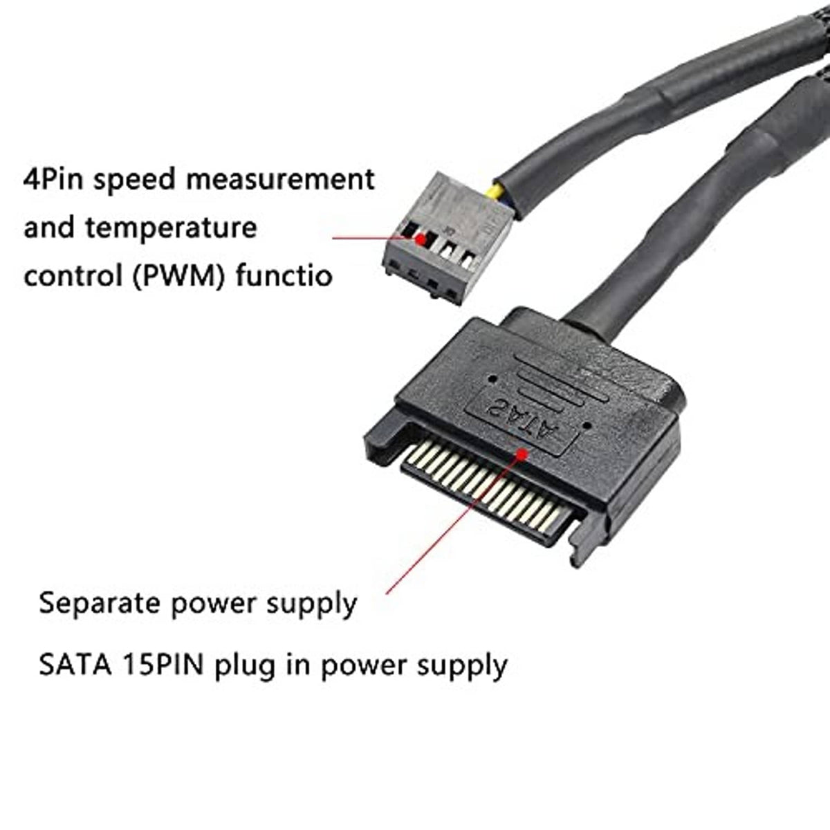 Gray 4-pin PWM fan adapter with SATA 15-pin power connector