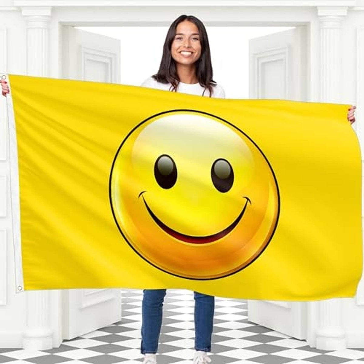 Yellow smiley face flag with big circular grin graphic, held up and centered