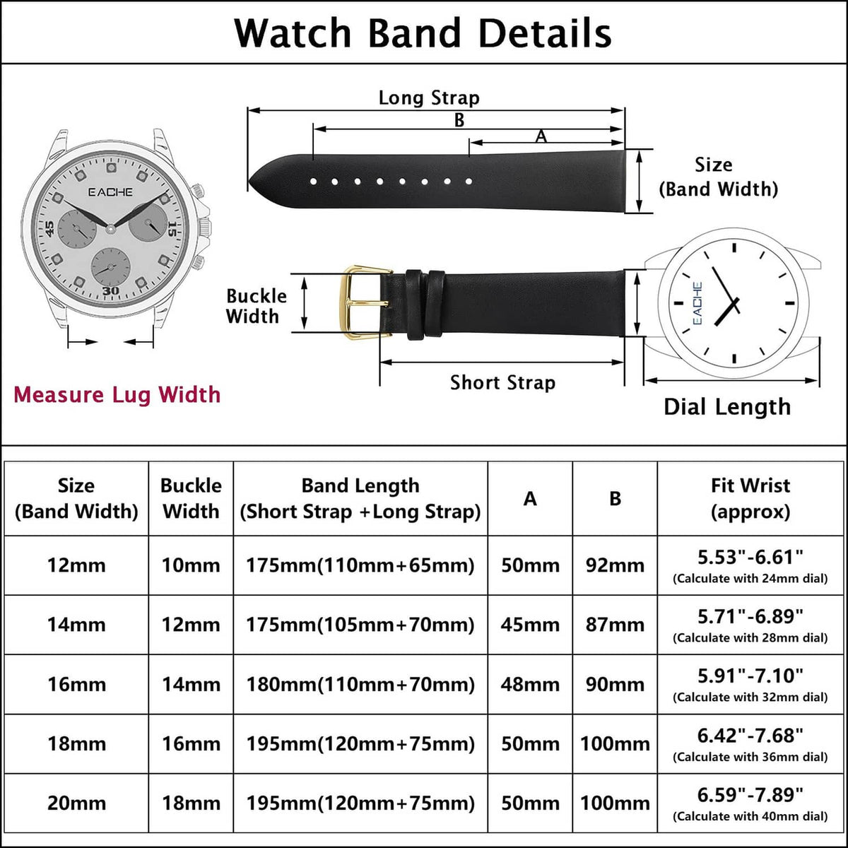 Watch band details diagram with size measurements for 12mm leather strap