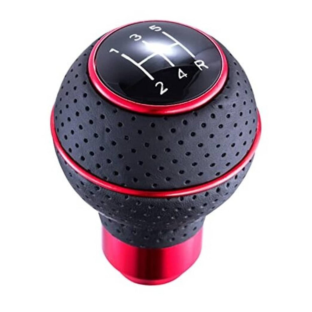 5-speed leather shift knob with red ring, perforated black grip and gear numbers