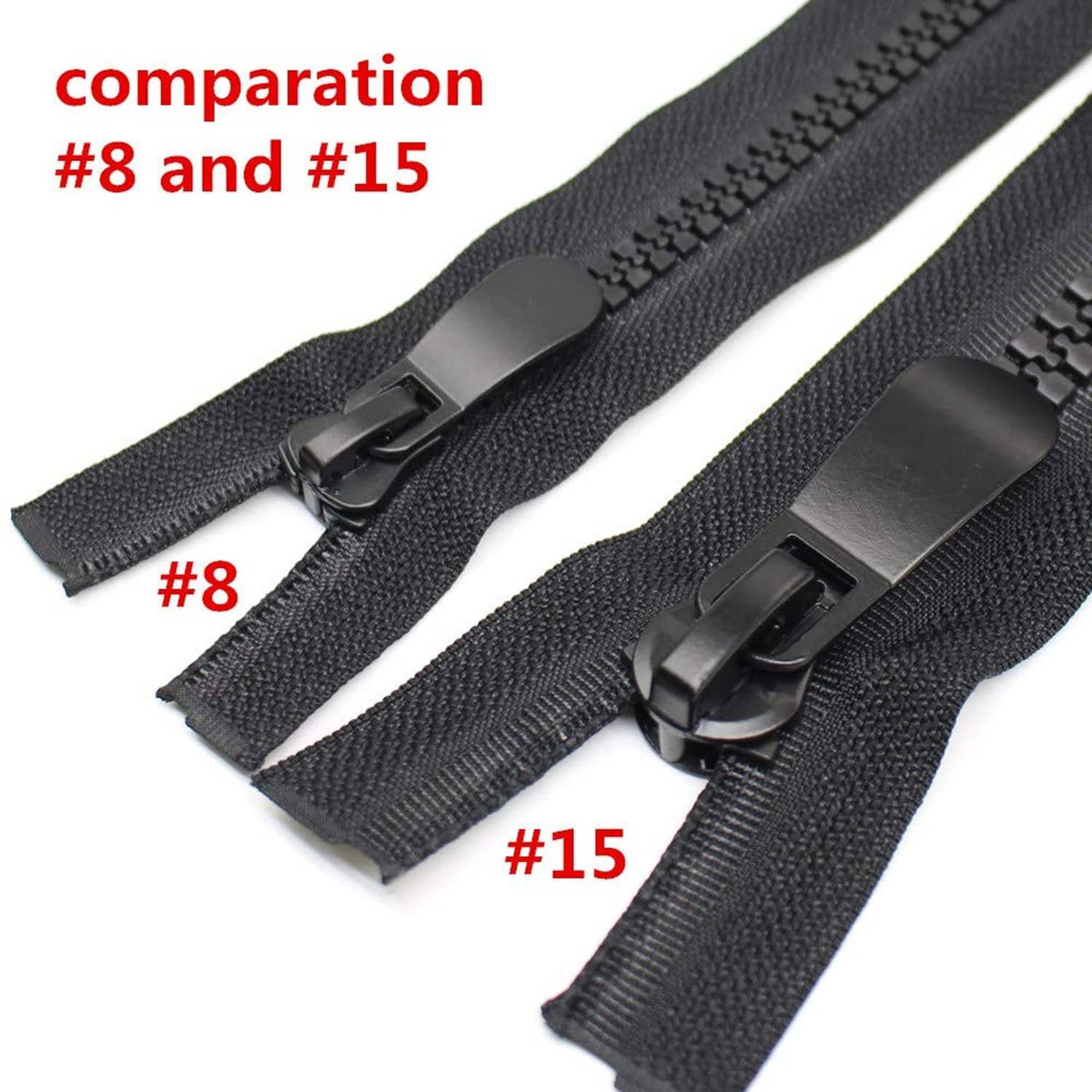 Black two-way separating zipper comparison: two lengths with dual sliders