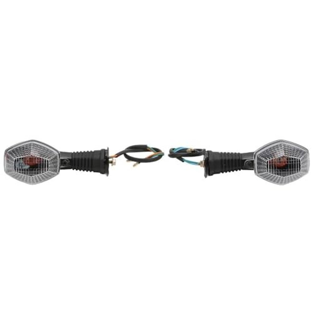 Front pair of motorcycle turn signal lights with clear lenses, black ribbed mounts, and wires