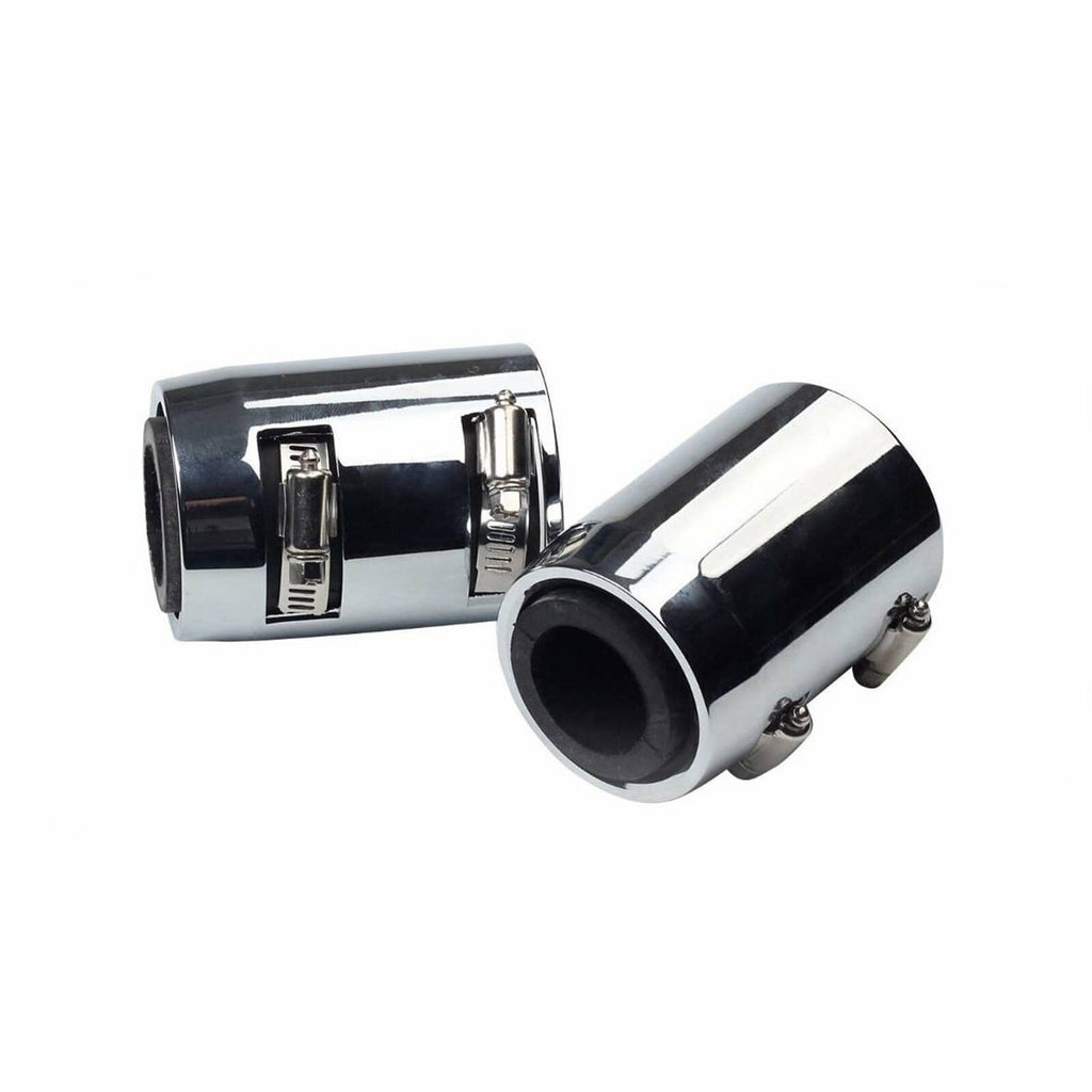 Chrome radiator hose end cap with black rubber insert and mounting clamp detail