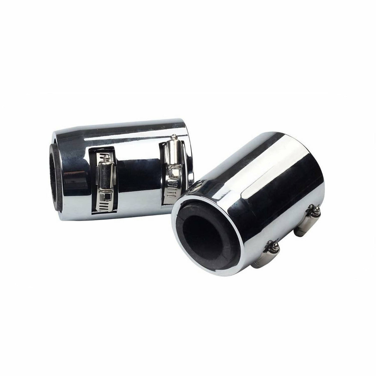 Chrome radiator hose end cap with black rubber insert and mounting clamp detail