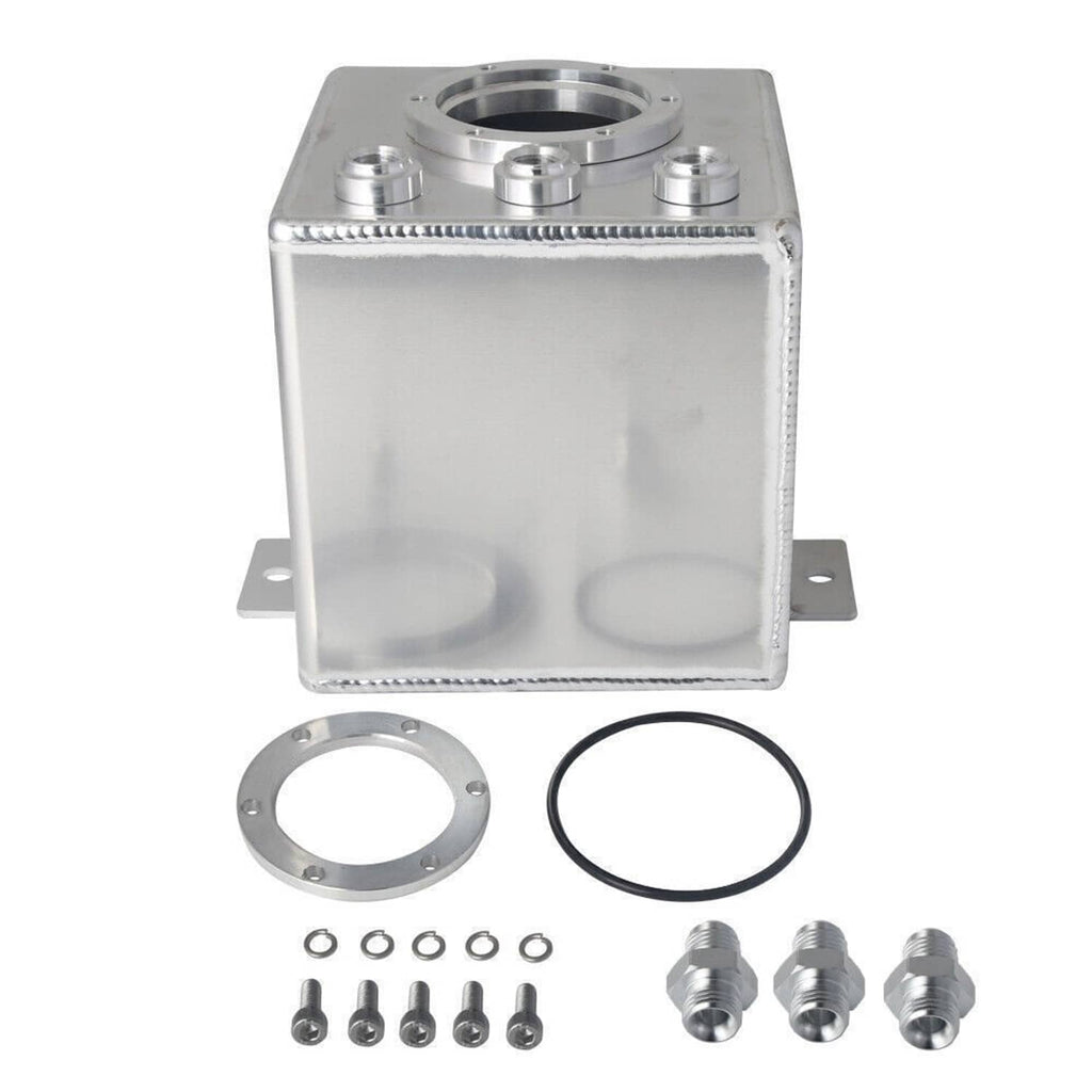 Aluminum fuel surge pot tank with three top fittings, base plate, gaskets and hardware