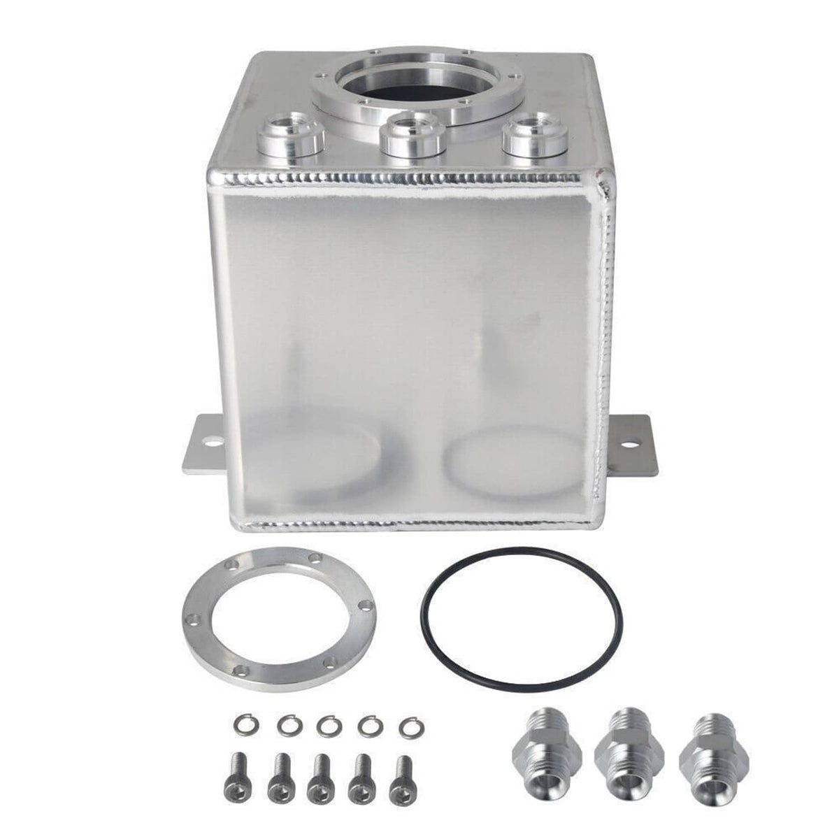 Aluminum fuel surge pot tank with three top fittings, base plate, gaskets and hardware