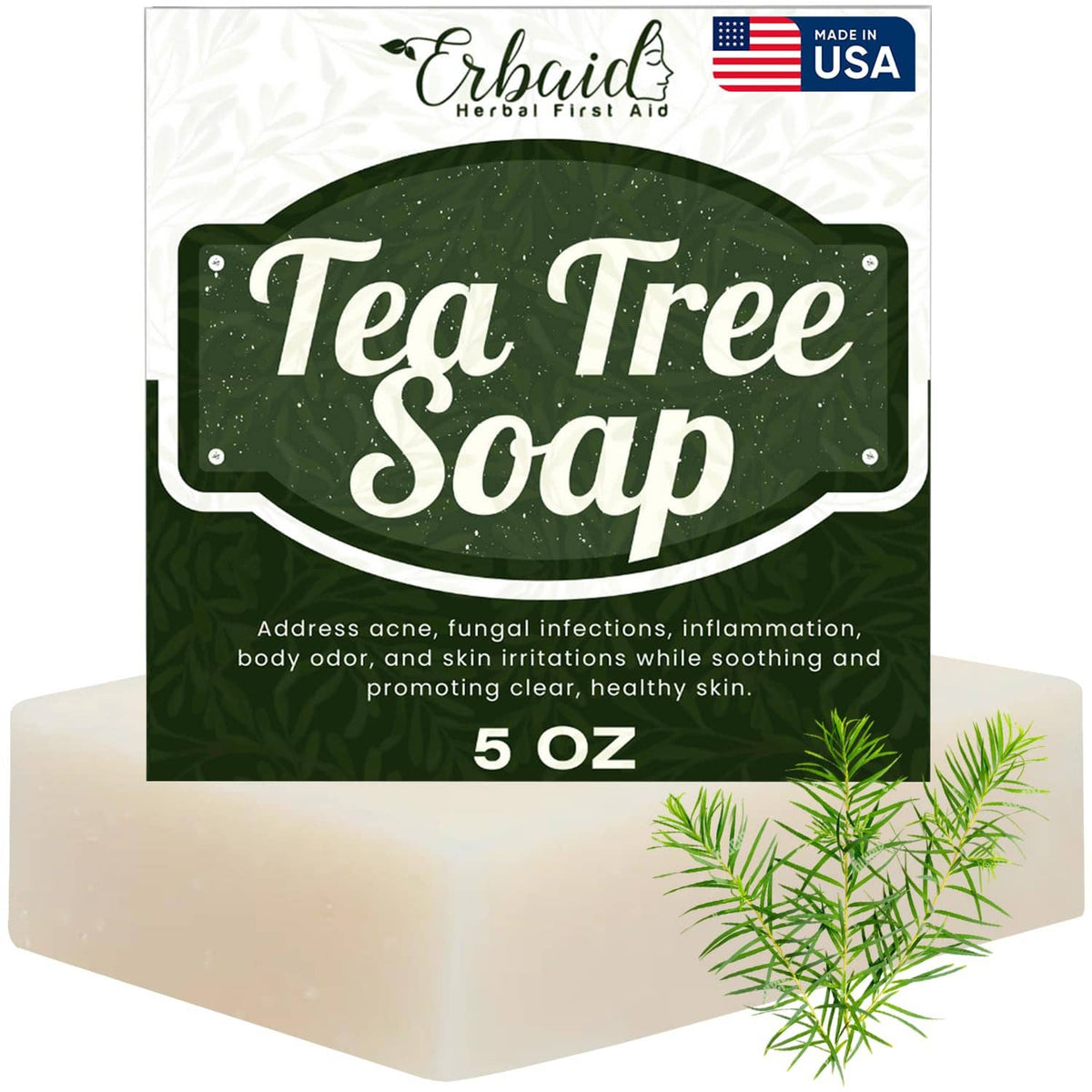 Tea tree soap bar package, dark green label and white wrapper, 5 oz