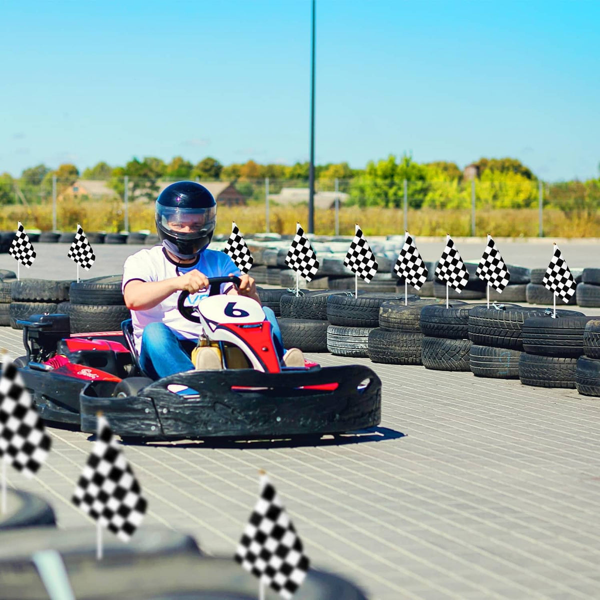 Black-and-white checkered race flags on sticks on a racetrack beside karts