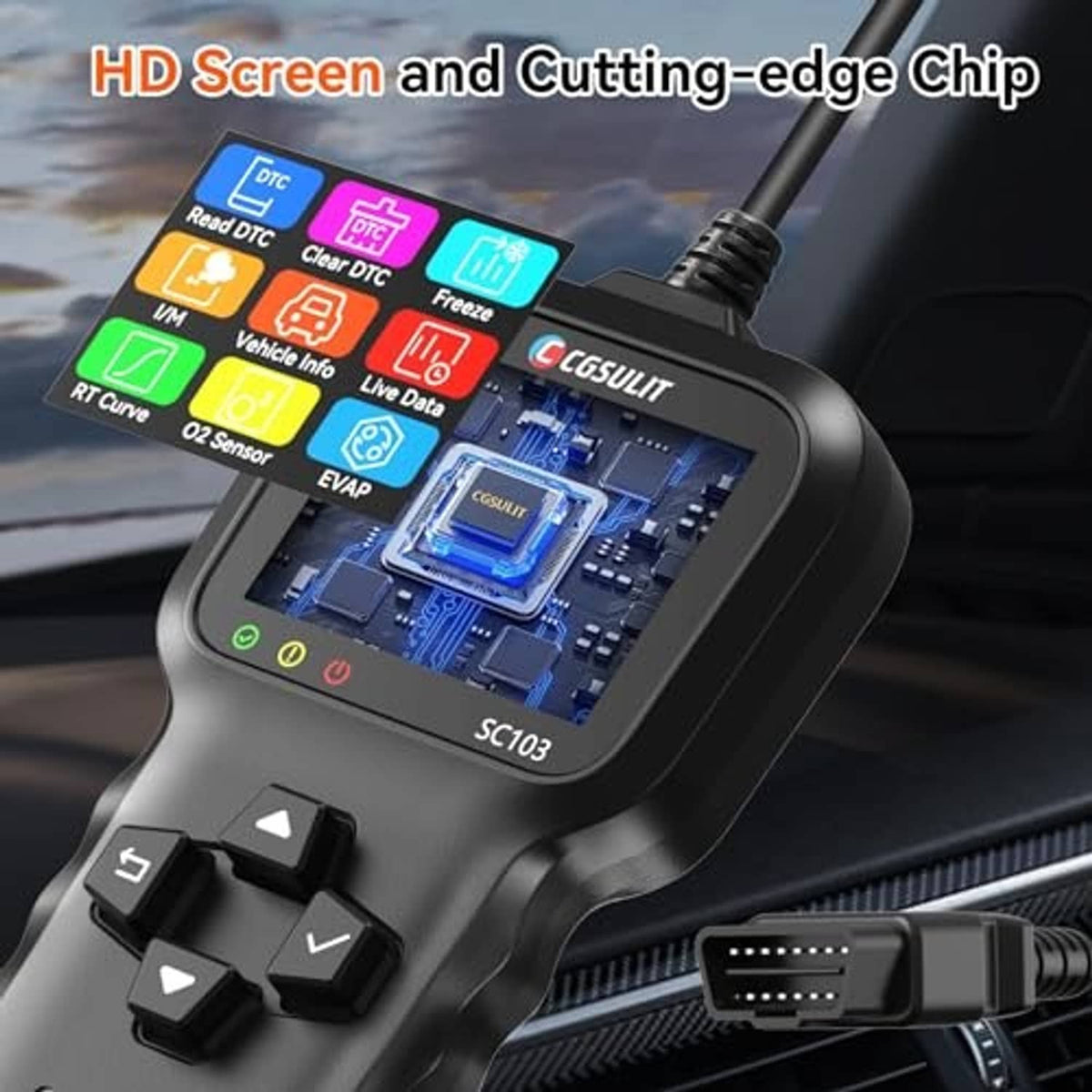 OBD2 scanner with front window revealing internal circuit board components