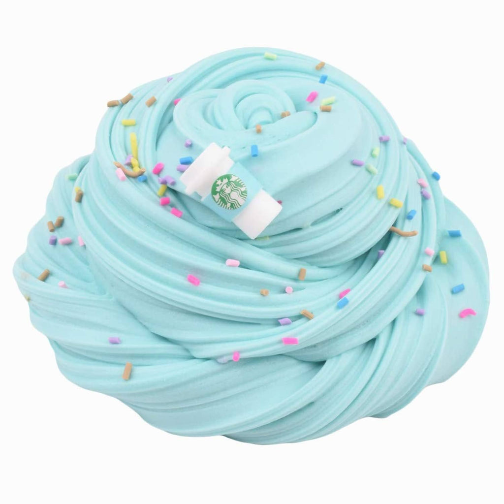 Light blue slime mound with white cup charm and colorful sprinkle confetti