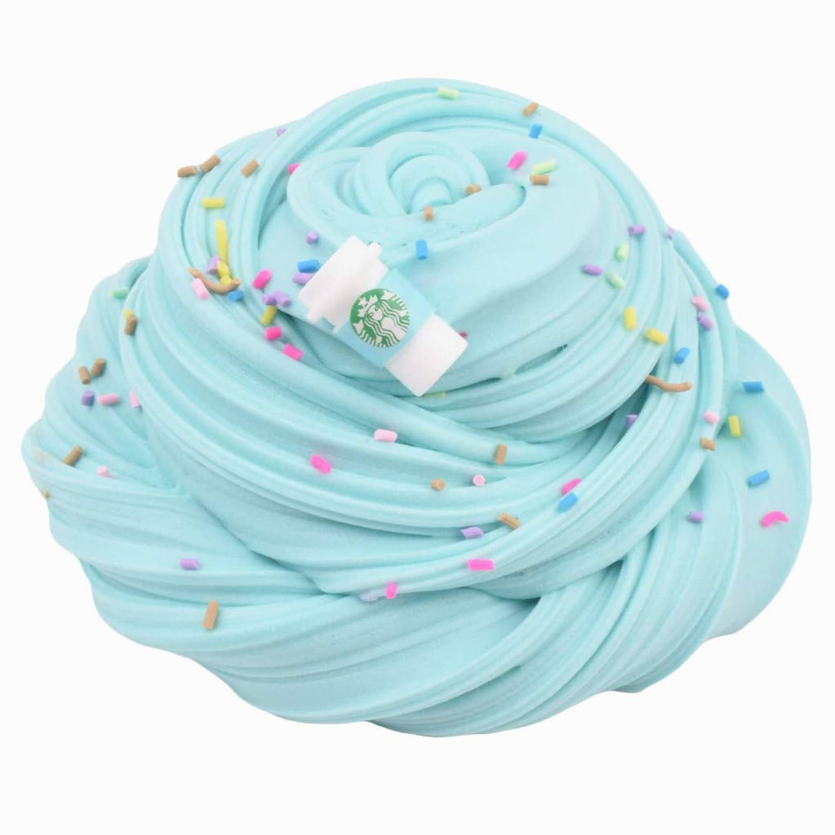 Light blue slime mound with white cup charm and colorful sprinkle confetti