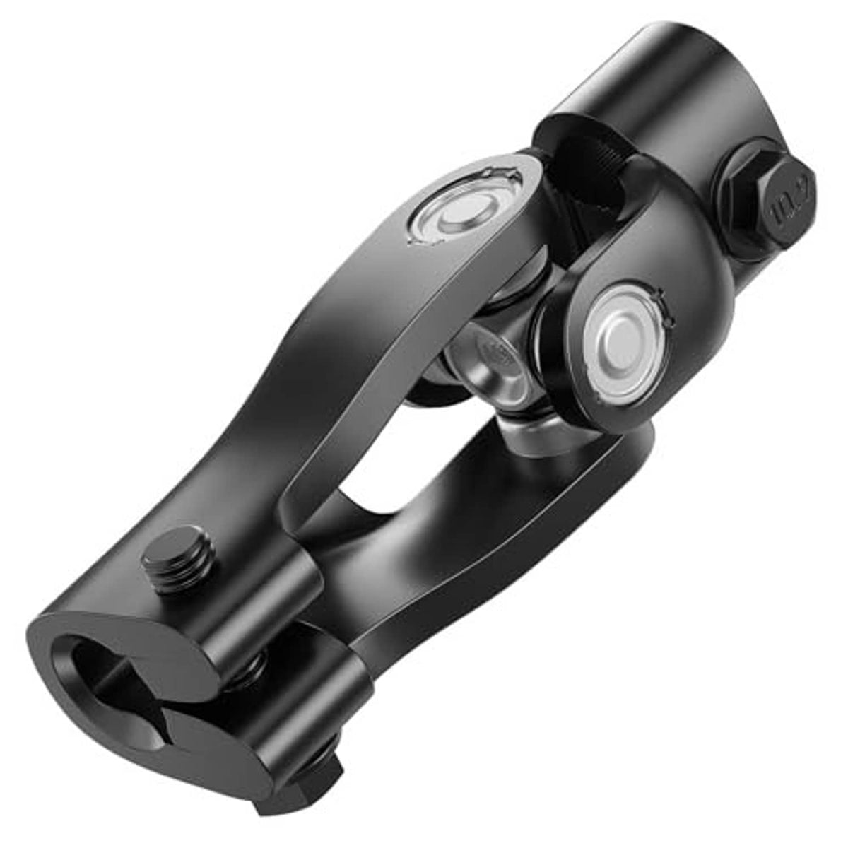 Black metal steering lower yoke with fork ends, round cap details, and bearing mounts
