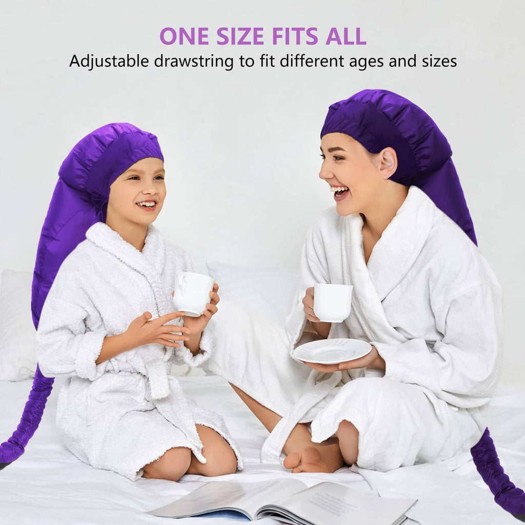 Purple hooded hair dryer bonnet on two models; adjustable drawstring