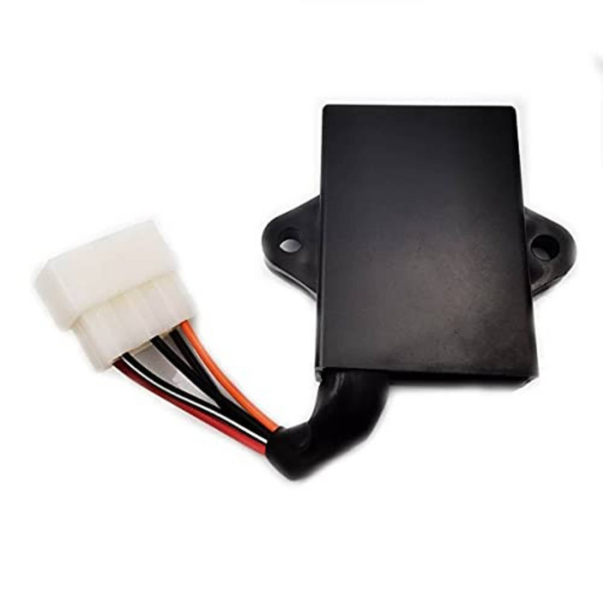 Ignition CDI box with two mounting ears, black housing, and multi-wire connector