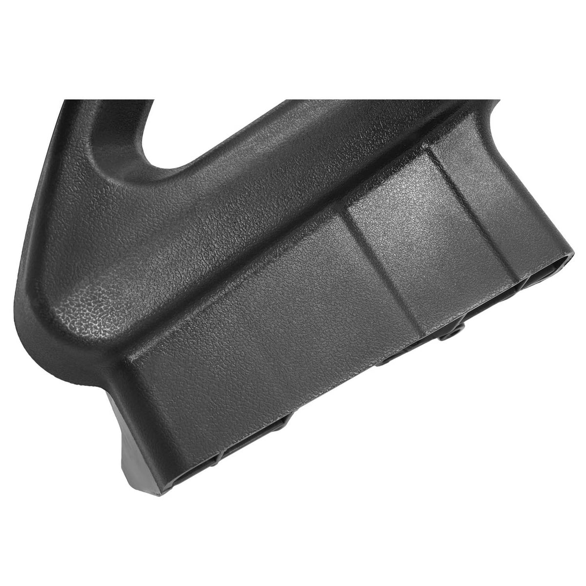 Black molded hip restraint end cover piece with textured surface and seam line.