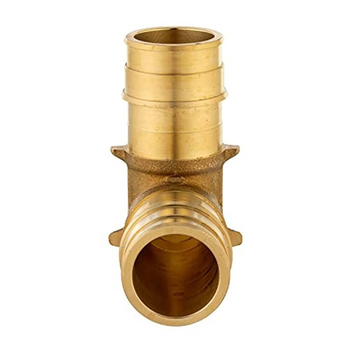 Brass PEX expansion elbow fitting with one curved body and open connection ports