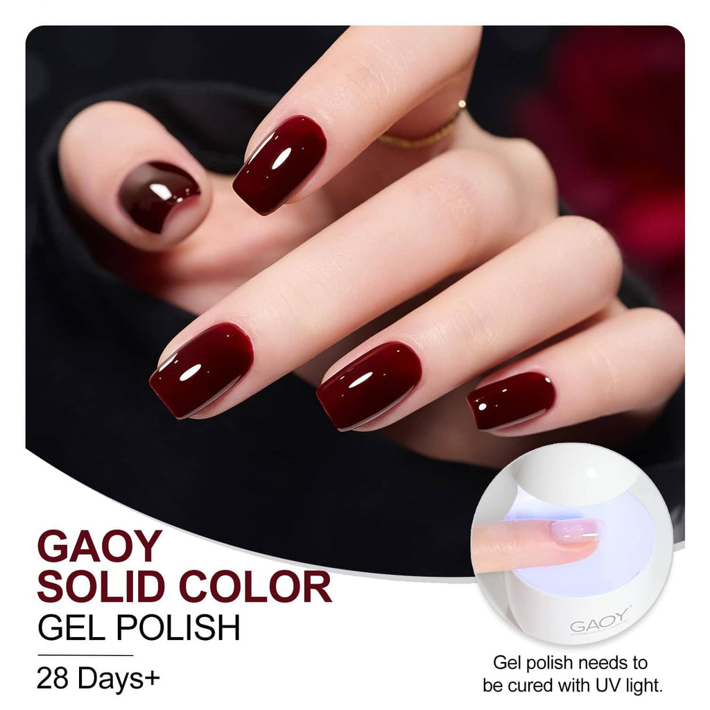 Dark red gel manicure on fingers with glossy finish; GAOY solid color gel polish.