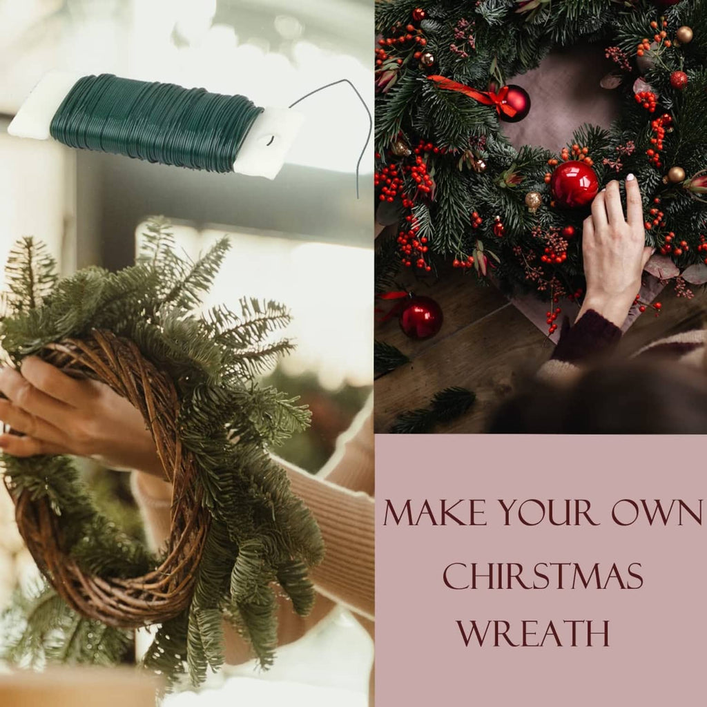 Green floral wire roll on cardboard with wreath-making materials and evergreen leaves