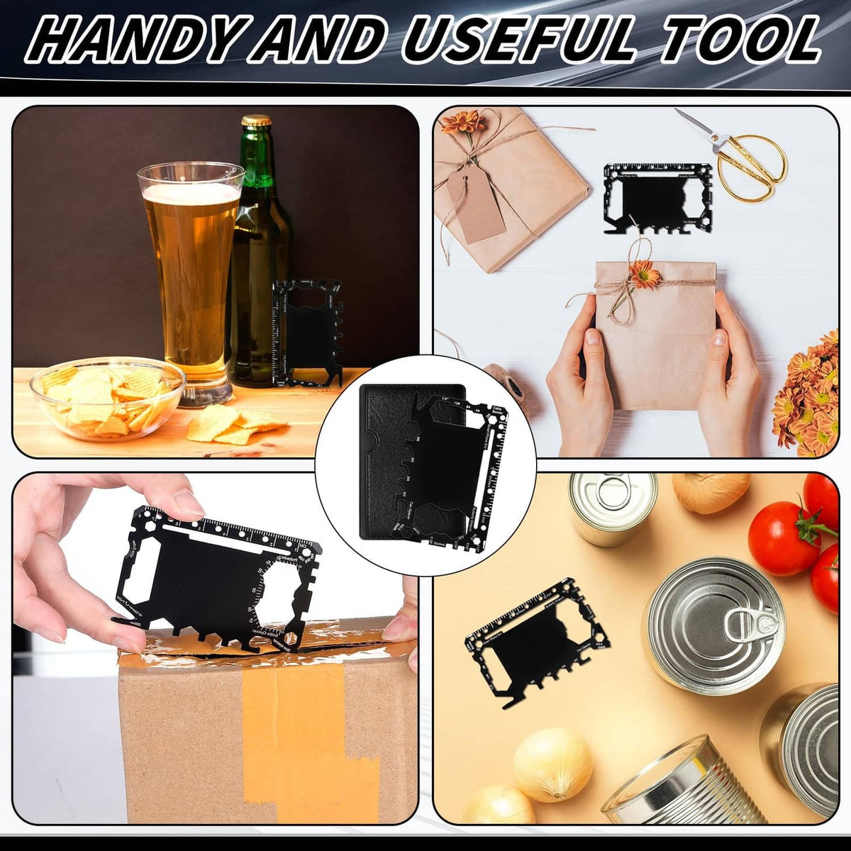 Black metal credit card multitool used as bottle opener and can opener tool