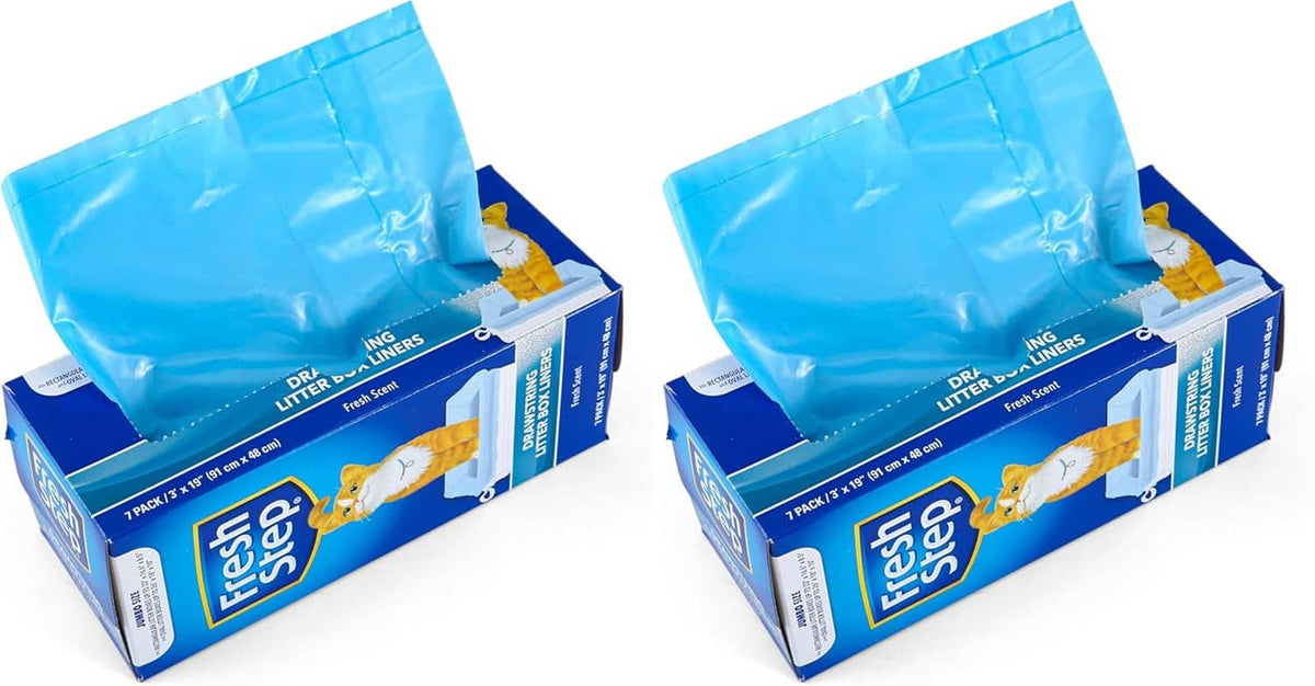 Two Fresh Step jumbo litter box liner boxes, blue drawstring bag tops