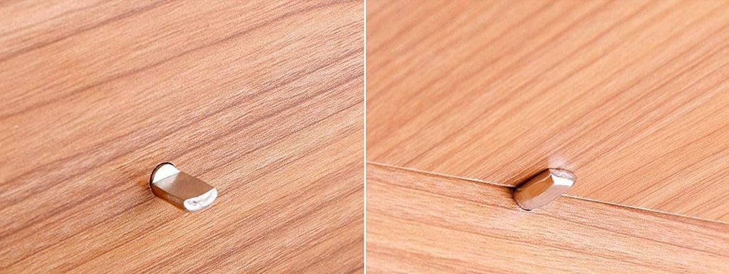 7mm shelf support peg inserted into wooden shelf hole, spoon-shaped metal tip