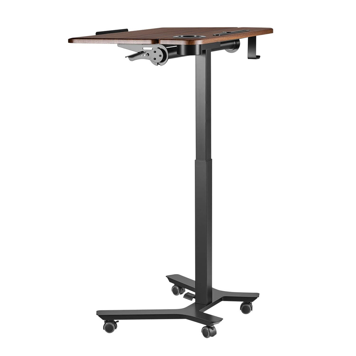 Mobile height-adjustable desk with dark wood tabletop and four caster wheels