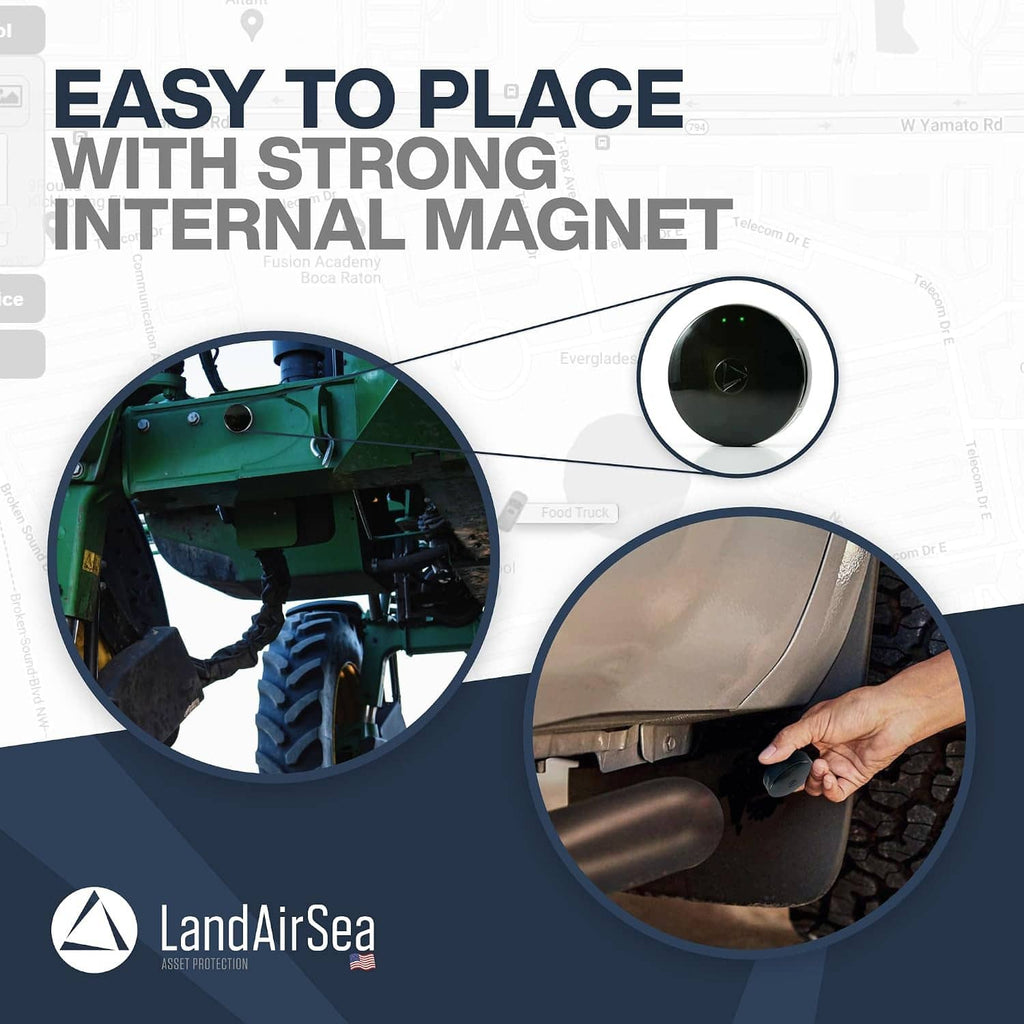 GPS tracker mounting on a vehicle with strong internal magnet, shown with device close-up.