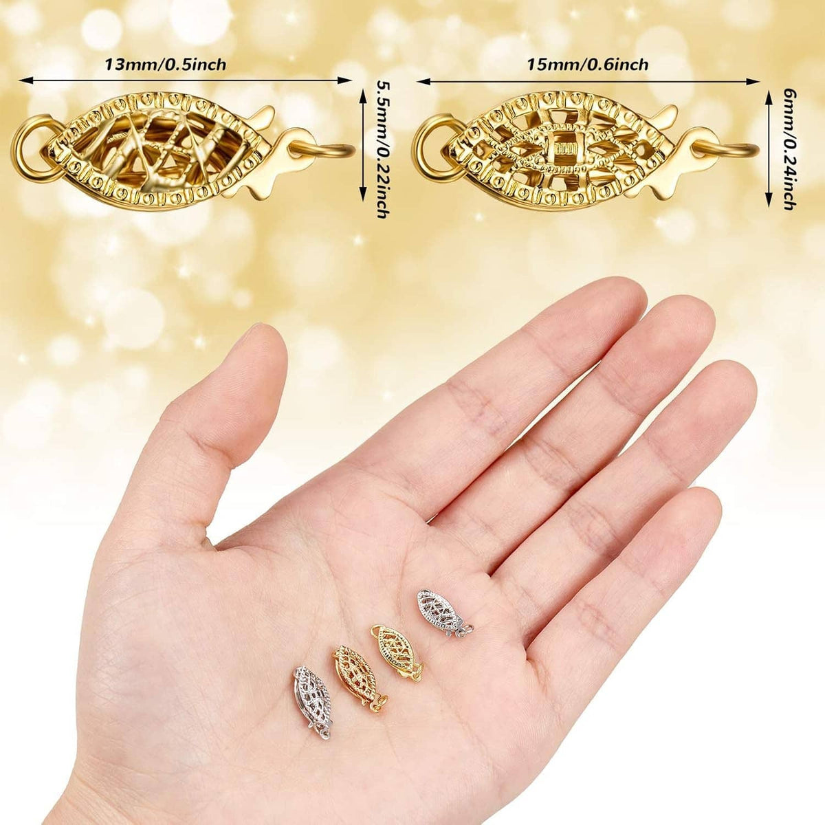 Oval filigree necklace clasp with pearl-look detail, fish hook closure, gold tone
