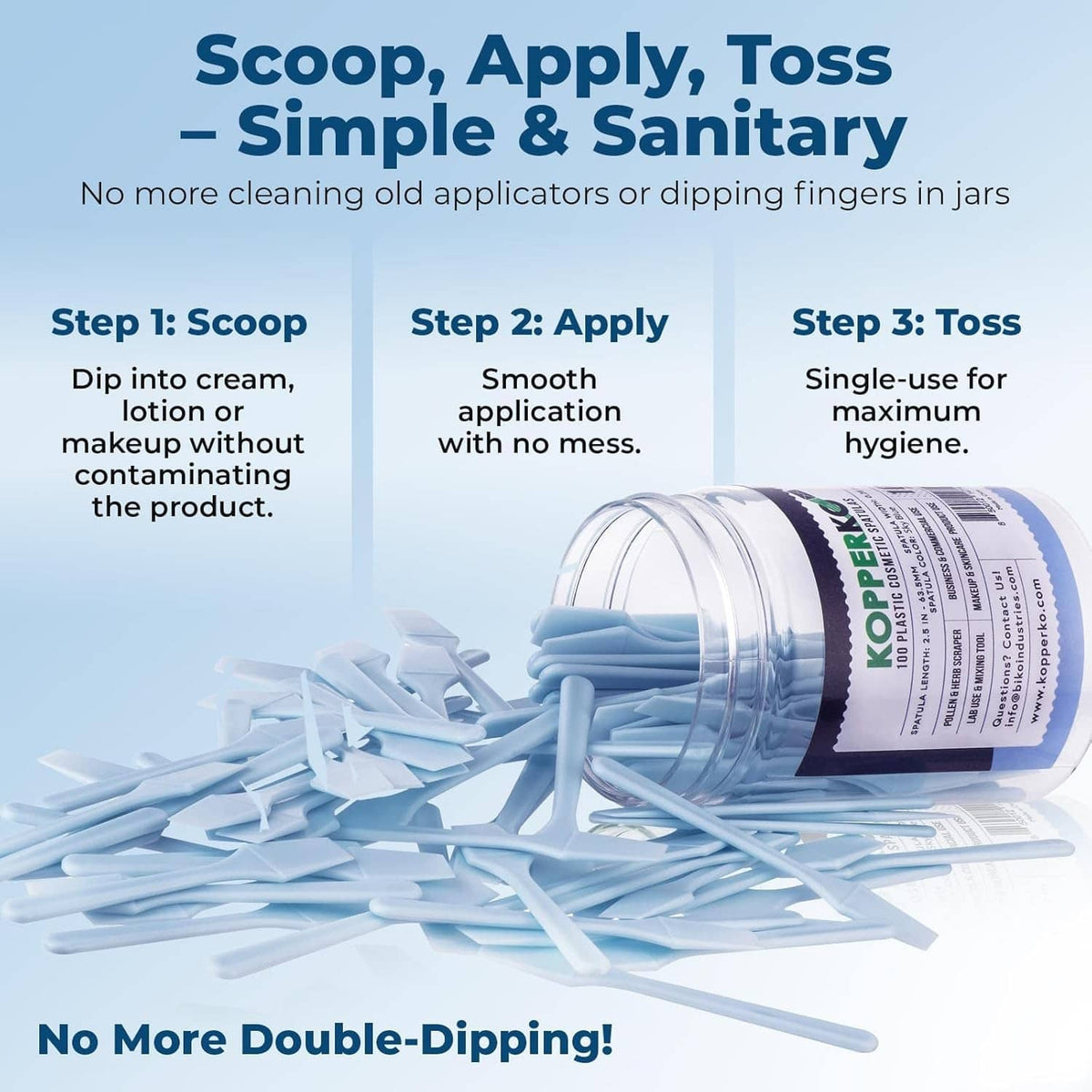 Sky blue mini plastic spatulas scattered around an open skincare jar