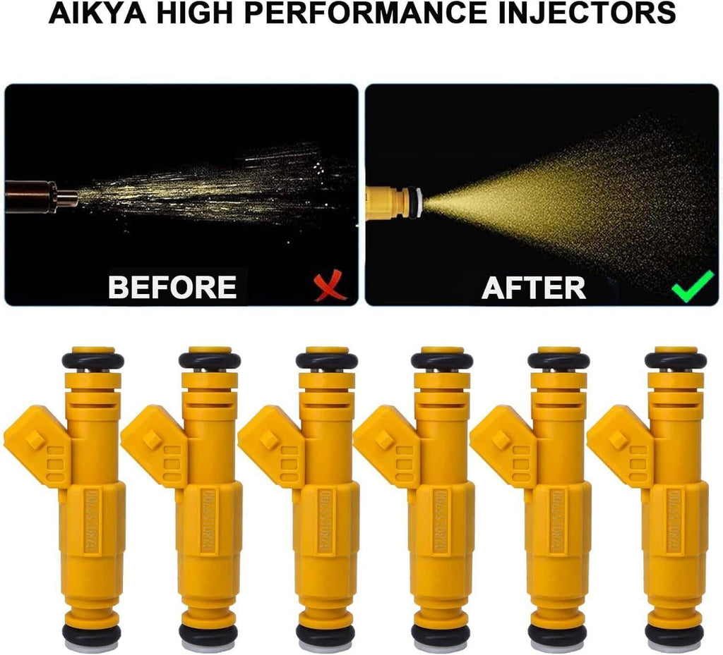 Six orange high-performance fuel injectors, front view with black end seals