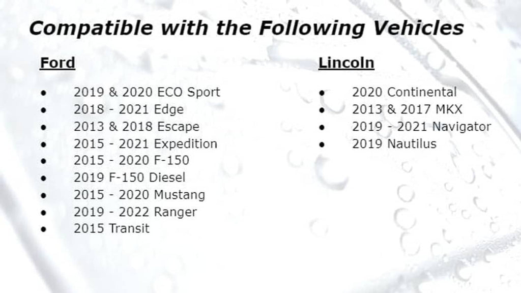 Compatibility list for gas cap dirt and dust cover, includes Ford and Lincoln