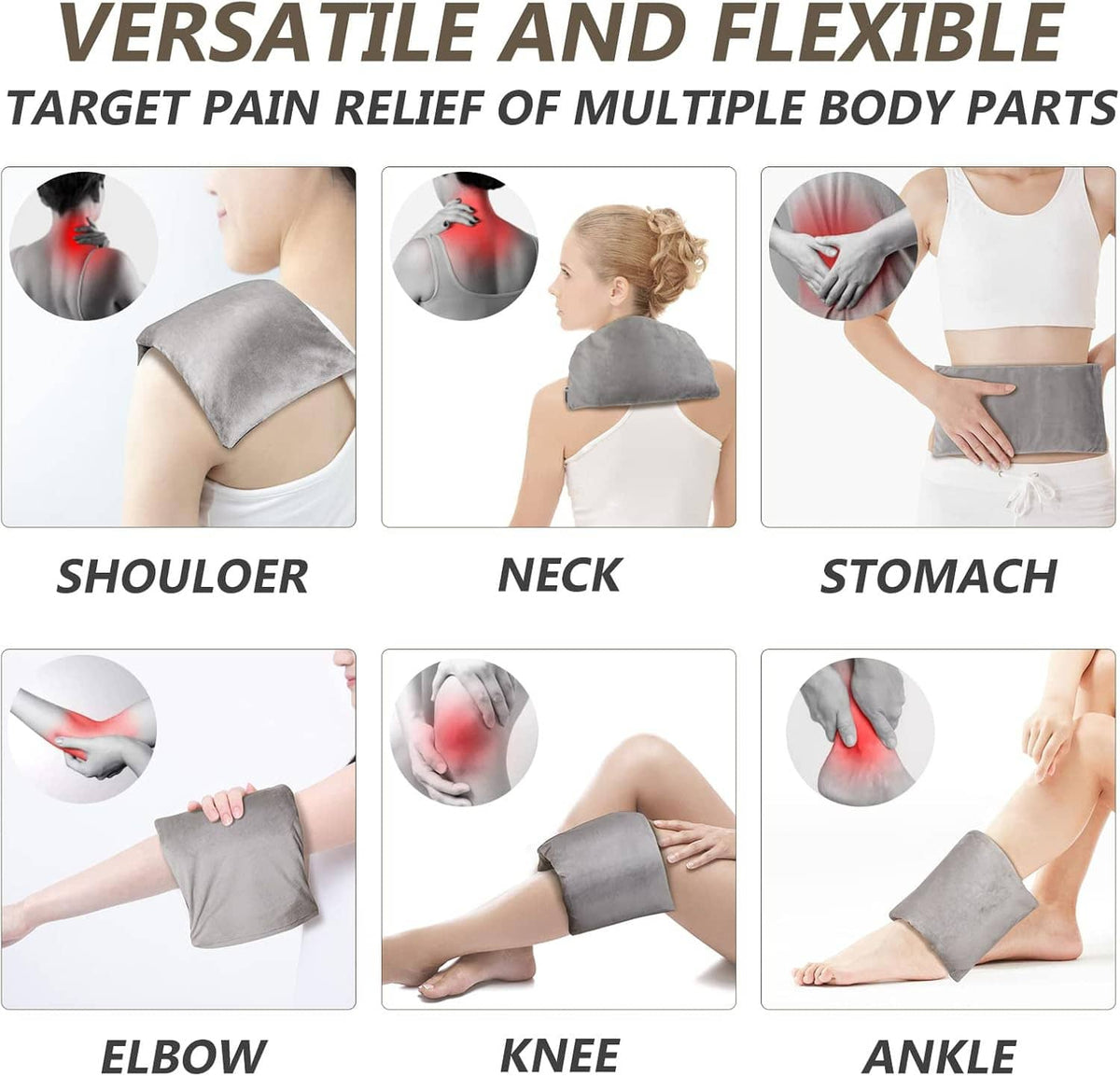 Microwavable heating pad shown for shoulder, neck, stomach, elbow, knee, and ankle