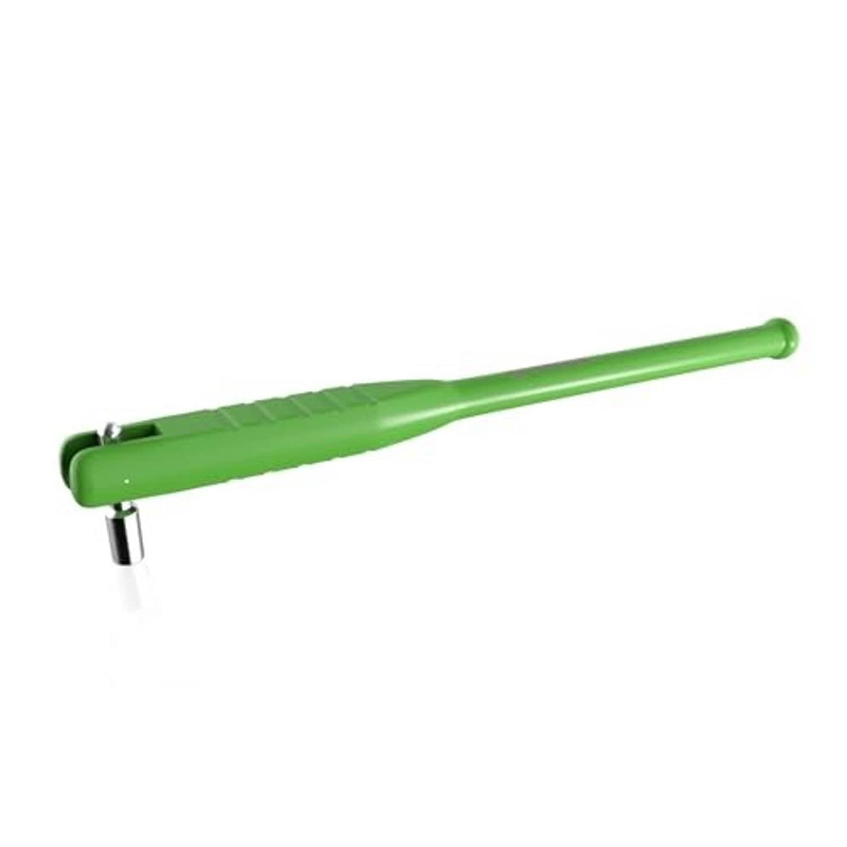 Green tire valve tool with flat base and metal stem on one end