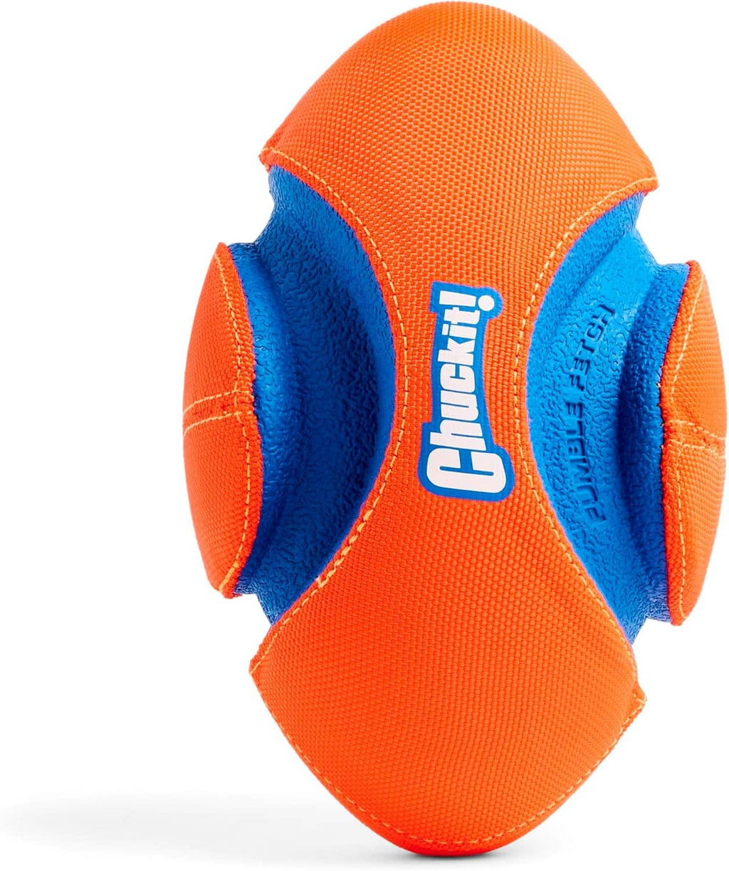 Orange and blue Chuckit! grooved dog football toy side view