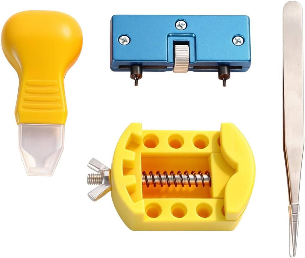 Watch battery replacement tool kit with yellow case opener, spring tool, and tweezers